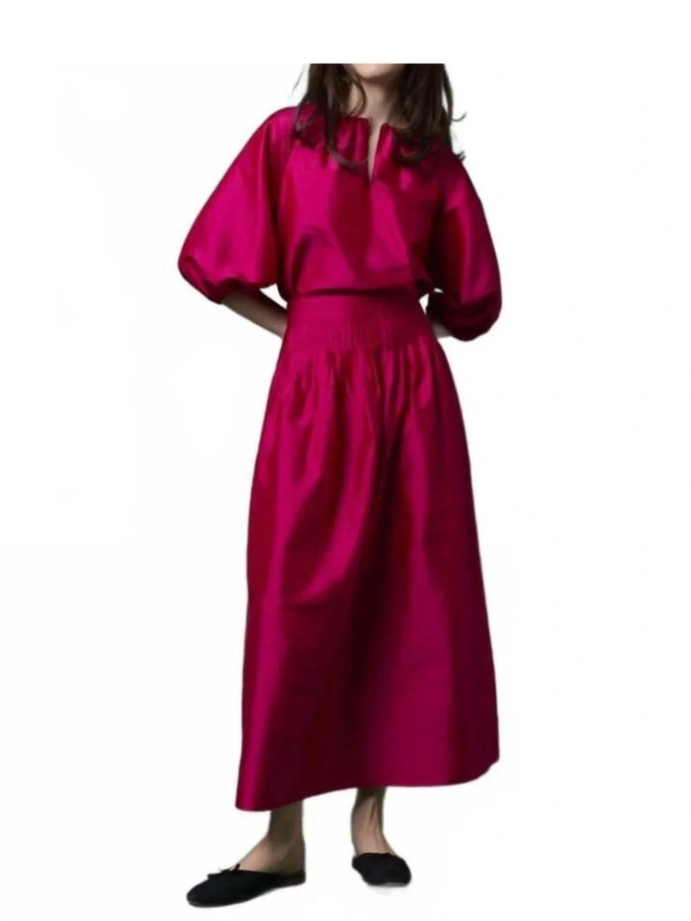 Trapunto Blouson Top in Berry Iridescent Silk Shantung